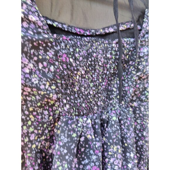 Free People Black Purple Floral Smocked Ruffle Sheer Tie Neck Top Blouse Size 2 - Picture 8 of 12